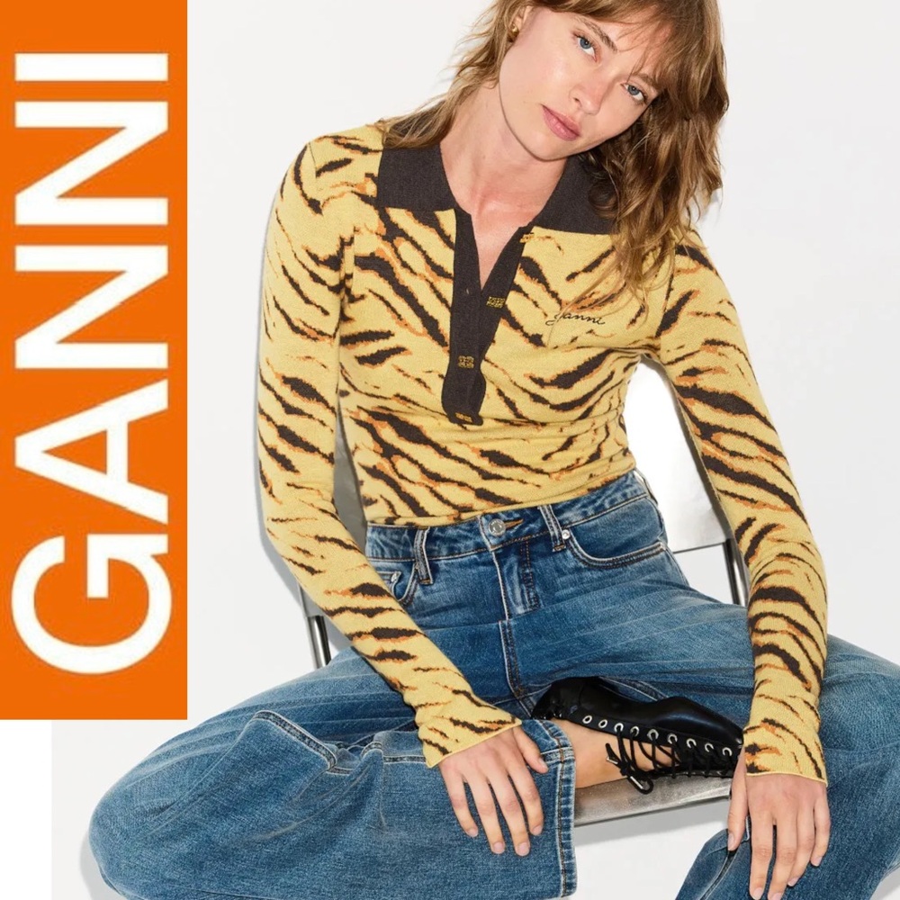 🆕 Ganni Merino Jacquard Tiger Polo Sweater Long Sleeve Top